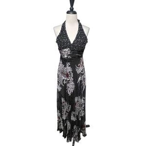 90's Y2K Nina Austin Beaded Velvet Burnout Sexy Maxi Prom Gown Formal Dress XS